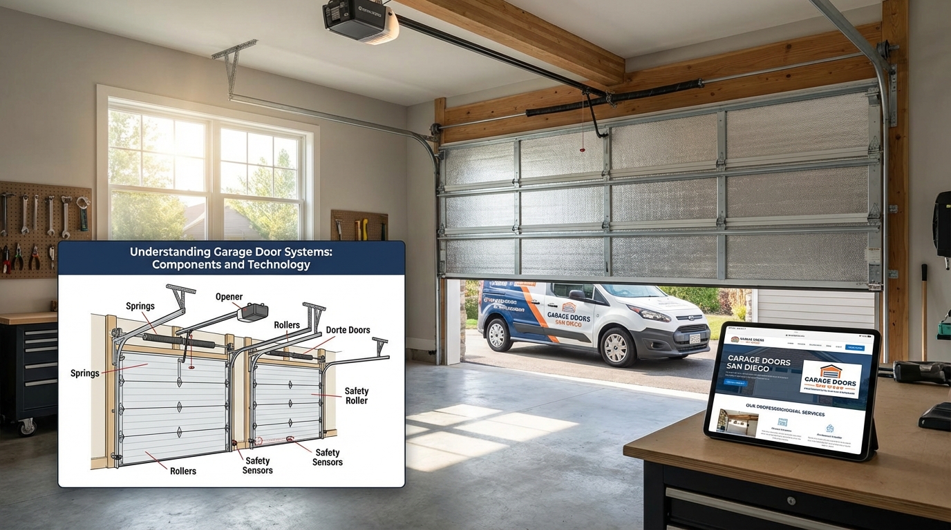 Garage door system components diagram. San Diego garage door installer.