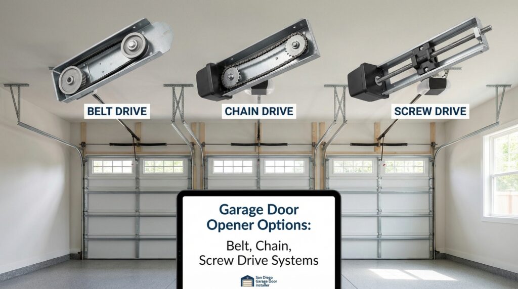 Garage door opener options: Belt, chain & screw drives. San Diego installer.
