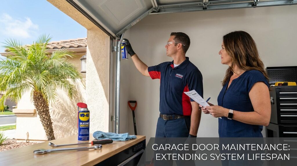 Garage door maintenance San Diego extends system lifespan. California garage door installer inspecting door.