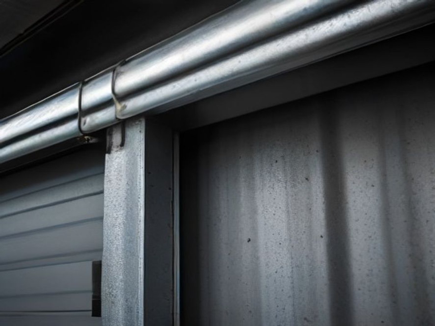 Close-up of galvanized garage door track hardware against a corrugated steel panel