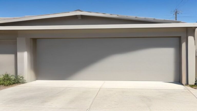 Beige San Diego suburban house with a closed flush-panel steel garage door in morning sun
